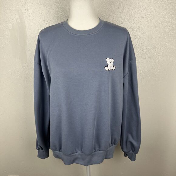 L.A.B. Studio Vivid Lauren Sweater Women Large Blue Grey Pullover Bear Patch - Picture 13 of 13
